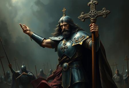 Jesus Christ, cladded in heavy armor, wielding a cross polearm, leading the armies of God to the eternal crusades
Dark, oppressive, gothic style, realistic painting