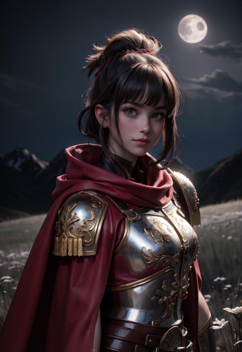 A woman standing in front of mountains wearing a red cape and armor.