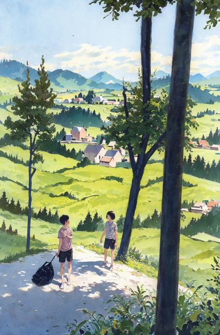 tree, outdoors, multiple girls, road, black hair, multiple boys, traditional media, scenery, shirt, day, striped shirt, nature, short hair, shorts, plant, bag, painting (medium), best quality  <lora:watercolor imagerya:0.78>