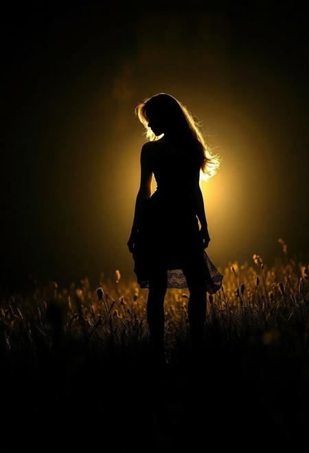 Beautiful woman silhouette on a dark luminescent meadow, shadow art, photorealistic concept art, cinematic lighting, soft natural volumetric effects. 8K UHD, high detail, intricate design, octane render. Radiating irresistible charm, perfect composition. Alluring, delicate details. High-quality masterpiece. Trending on Artstation.