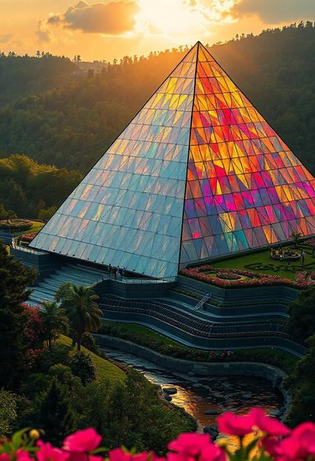 Photo from the ground, (Photorealistic photograph:1.5),  giant modern wide based pyramid entirely of multicolored stained glass, (some light shining through), beautiful lush flower gardens, with terraced gardens and green space, sunset golden hour, (verdant forests, shimmering meandering river)