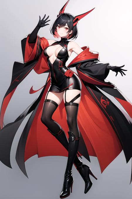 ROji, 1girl, red hair, solo, red eyes, white background, full body, red gloves, gloves, simple background, thighhighs, bangs, looking at viewer, black hair, hair ornament, headgear, breasts, boots, high heels, smile, black thighhighs, black footwear, short hair, multicolored hair, closed mouth, bare shoulders,<lora:ASUS:0.8>