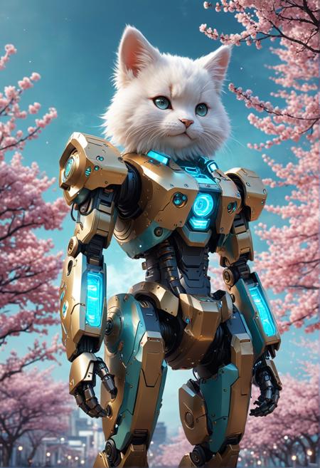 beautiful fluffy animal, very aesthetic, glowing lights, fine texture, blurry, evocative hues, volumetric fog, cherry blossoms, beautiful detailed sky, looking down, mecha, space_style, android, cinematic light, gold, arched back, gorgeous, abs, bare legs, fashionable, aqua eyes