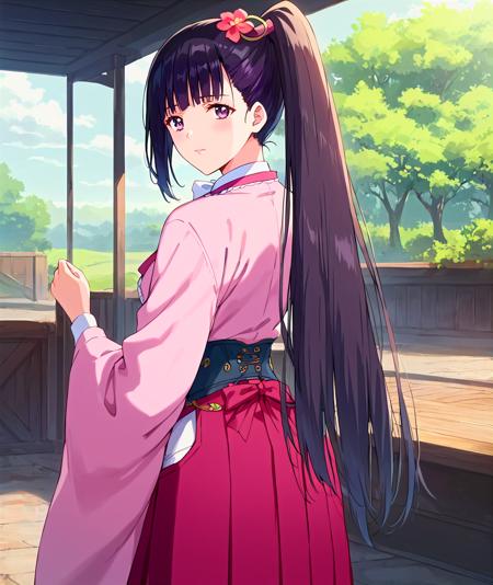 ayame, very long hair, high ponytail, black hair, bangs, purple eyes, hair ornament, hair flower, japanese clothes, bowtie, skirt, shirt, long sleeves, hakama skirt,boots