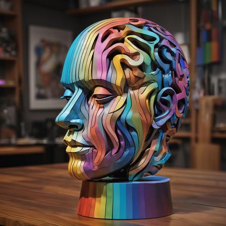 large multi colour (human head) sculpture on table, in the style of sketchfab, color gradients, collecting and modes of display, metallic rotation, craftcore, (wood:1.3), spiral group, background is black