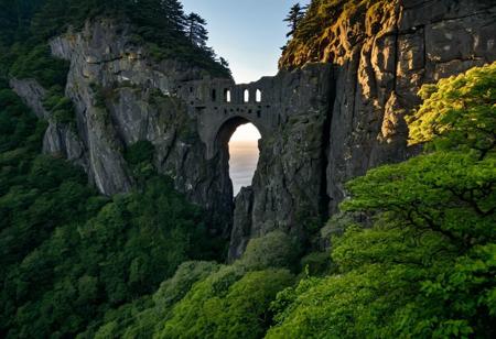 raw photo, (closeup) (wideshot) a sunset landscape, PNW coast, forested cliffs, overlooking oregon ocean across cove , cozy, photorealistic, abandoned Towering (crimson Stone: 1.49) gateway entry into dark the side of rocky mountain cliff face, (dwarven: 1.39), high fantasy style, high detailed texture, 8k uhd, dslr, soft lighting, high quality, film grain, Fujifilm XT3, Sony A7 IV, highly detailed photography, (muted colors, cinematic, dim colors, soothing tones:1.2), vibrant, insanely detailed, hyperdetailed, (dark shot:1.2), (vsco:0.3), (intricate details:0.9), (hdr, hyperdetailed:1.2) (highest coherency: 1.39) (highest quality: 1.39) (rule-of-thirds) (award-winning) (masterclass) (highest resolution: 1.39) (castle architecture built into cliff: 0.69) (protruding from hillside) (rounded doorway) (glowing elven celtic knot designs) (carved from the rock: 1.49)