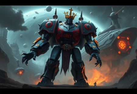 Generate a high-quality, hyper-ornate concept art image of a Warhammer-inspired robot, depicted as a titan and the new king of Great Britain, set against a backdrop of a dread scary spaceship, emphasizing power and authority. The image should evoke a sense of disbelief and awe. Style the artwork with brush strokes similar to AAA game concept art, drawing inspiration from Jama Jurabaev's style and the characters of Star Wars. Include mecha legs and 'obey' symbols. The image should be a full palette, cinematic shot, trending on ArtStation. The output should be in a visual format with a detailed description of the scene.