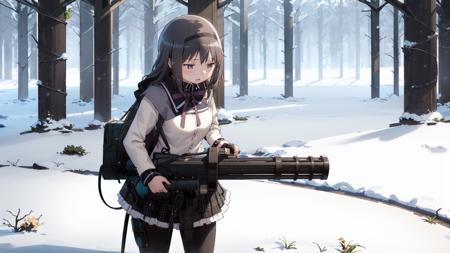 1girl,solo,heavy breathing,standing,homuramagica,m134minigun,holding gun,aiming,snow,winter,outdoors, <lora:m134v51024:.8>, <lora:homura_akemi:.8>