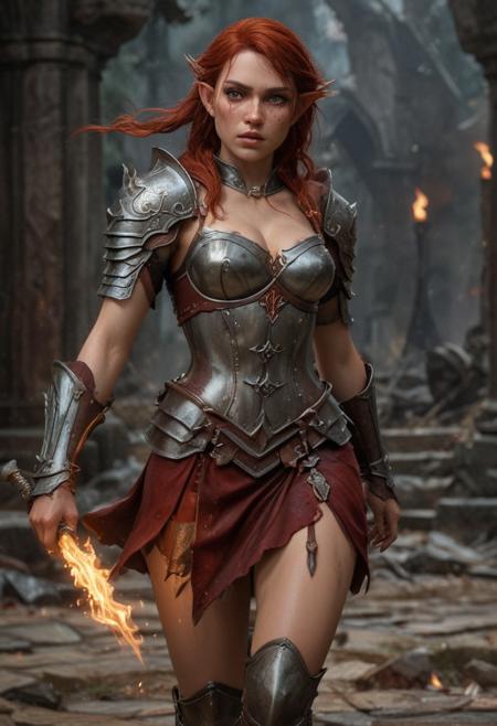 High resolution ultra-realistic of Beautiful Warrior Elf girl, 8k, capturing the intensity of the moment, cinematic lighting, standing on a bloody and stormy battlefield in bloody battle, wavy red hair, realistic dirty pale face, realistic dark brown eyes,  beautiful hourglass figure, burning in a medieval Town, intricately designed iron and silver armor, red mini skirt, LOTR Aesthetic, perfect athletic figure, beautiful Warrior elf girl, fire, ultra realistic, cinematic style, vigorous and seductive, athletic figure, dark fantasy, dramatic lighting, wet and sweaty skin, dirty skin, athletic figure, dark fantasy, dramatic lighting, Greg Rutkowski style,, Warrior Elf girl on in iron armor, hyper-detailed, hyper-realistic, bright colours, Attractive 21 old years girl, Attractive, beautiful firm Breasts, sharp focus, digital painting, Photograph Taken on Nikon D750, Alphonse Mucha, 8K, athletic figure, Hyperdetailed, hyperrealism, Attractive, Attractive bust girl, asymmetric balance