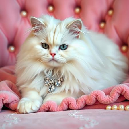 a magnificent all-white snow-white Persian purebred long-haired cat, adorned with a resplendent diamond collar, exudes elegance as it reclines on a plush pink blanket. The creature's luxurious long fur and piercing light-blue eyes command respect and admiration, embodying the essence of feline beauty amidst the opulent setting. Velvet, pearls, bows, opulent, lavish