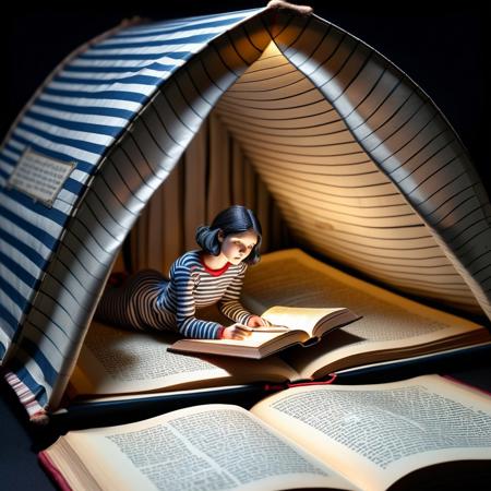 A detailed tiny miniature woman in a striped pajamas lying in between the pages of a giant tome held open by a giant pencil, so it resembles a tent. The woman are reading the tome using a flashlight. The background is dark suggesting that it is night and the only light is the flashlight held by the woman and the reflection of the light from the pages in the tome.