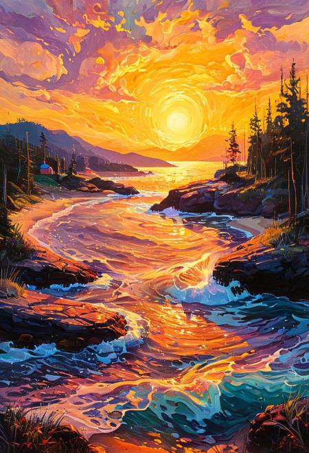 psychadelic, A coastal scene at dawn, where golden light shimmers across the water in bold, impressionistic strokes
expressive post-impressionism meets luminous American impressionism, rich and vibrant color palette, bold and dynamic brushstrokes, textured and layered paint application, atmospheric lighting, fluid yet structured compositions, interplay of light and shadow, natural landscapes imbued with energy and movement, soft yet radiant color harmonies, painterly storytelling, depth through color and texture, fusion of expressive Canadian landscapes with delicate impressionist luminosity