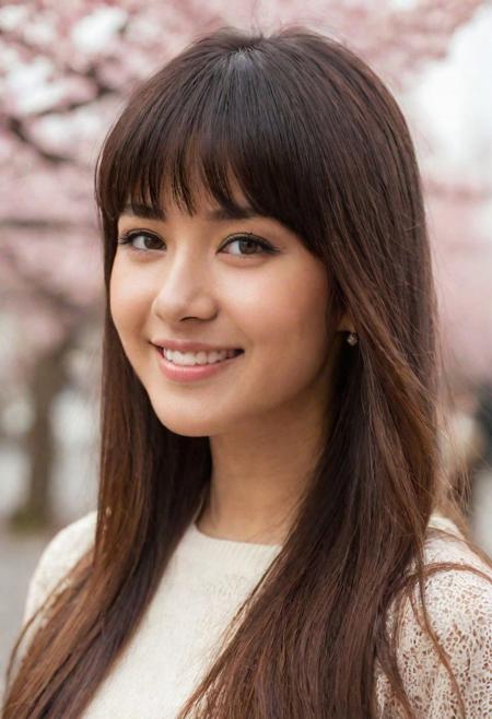 [Extreme long shot. Create a highly realistic wide angle photo of a young, slight smile, camera focused around 21 years old [Japanese:Russian:Indian:1.5:1:2] girl student. The image should be detailed, making it challenging to discern whether it's a real photograph or a digital creation. Achieve realism in her facial features, skin texture, and hair, and ensure the lighting contributes to the overall authentic appearance. Hair is long and silky, floating in air. partially visible silver round earrings. ((Dense Bangs hair style)). Dimple. Hanami festival] rule of third, detailed, romantic, very inspirational, beautiful, elegant, lovely, cute, pretty, modern, epic composition, fabulous atmosphere, cinematic light, dynamic dramatic ambient, (sharp)
