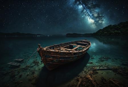 the boat sits at the bottom of the water in the darkness, in the style of the stars art group (xing xing), rusty debris, uhd image, photo-realistic landscapes
