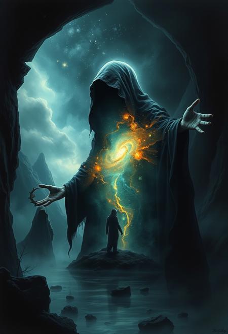 A universe inside a dark cloaked figure within mysterious landscape in an unfathomable realm of fantastic creation inhabited by ancient shadows of a forgotten time beyond the gate of the gateless gate where life is limitless, light is shadow and shadow is light, eerie sense, horror, spark of the beginning, existence and nonexistence at once, ethereal, outstretched arms, behold the end of the beginning, inglorious glory to the dark one, betrayal of the ancient order