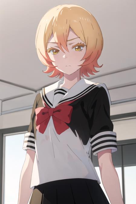 best quality, masterpiece, highres, solo, {tsuyuno_yatsumura_mahoushoujosite:1.15}, blonde_hair, short_hair, yellow_eyes, serafuku, hair_between_eyes, 1girl, closed_mouth, sailor_collar, school_uniform, upper_body, white_sailor_collar, shirt