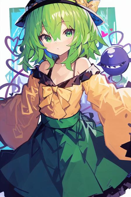 masterpiece,<lora:kaamin-40:1>
kaamin, 1girl, solo, looking at viewer, short hair, skirt, shirt, long sleeves, hat, bow, hair between eyes, bare shoulders, closed mouth, green eyes, heart, frills, green hair, wide sleeves, medium hair, off shoulder, black headwear, frilled sleeves, green skirt, hat bow, third eye, yellow bow, yellow shirt, heart of string