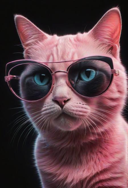 (best quality, 8K, high resolution, masterpiece), ultra detailed, (3D CGI), a beautiful pair of sunglasses, trendy, fashionable, pink, silver and black stylized Cat-eye shape, on a black background, countryside advertising, winning photo,