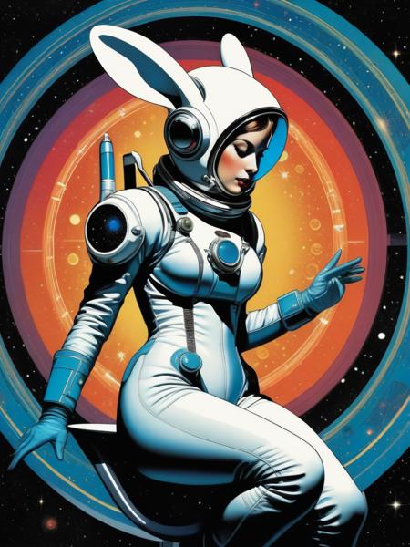 <lora:04Vintageillustration_Hap_XL:1.5>, Norman Rockwell style, ALIEN ASTRONAUT WOMAN  in a vibrant spacesuit with "ð°" ears, and wielding a plasma "ð¥ð«", on a decorative "ð¥"-shaped motif,  ensconced by surreal esoteric symbols, geometric zodiac signs, atomic structures, complex planetary rings, starry swirls, BUZATRON style, four-color palette, GuillochÃ© half-toning, against a cosmic black background, Contextual anatomical perfection, detailing within framing, dynamic vintage sci-fi pulp comic vibe, vector illustration, radial symmetrical perfection,,