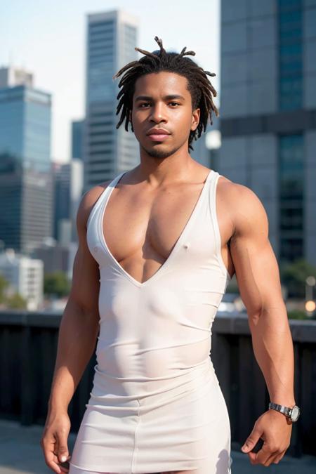 (short_dreads_hairstyle:1.3),man posing for a photo, wearing elegant, white dress,
good hand,4k, high-res, masterpiece, best quality, head:1.3,((Hasselblad photography)), finely detailed skin, sharp focus, (cinematic lighting), night, soft lighting, dynamic angle, [:(detailed face:1.2):0.2],(((futuristic city))),       <lora:short_dreads_hairstyle:0.5>