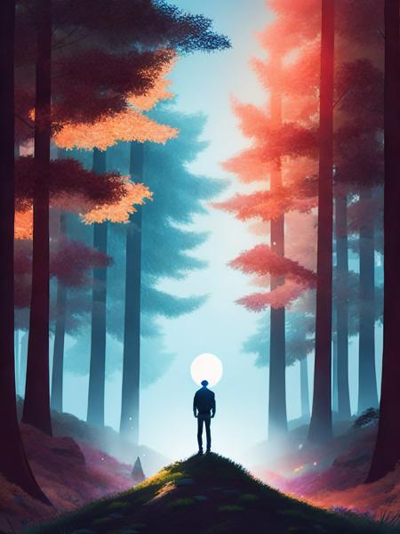 <lora:ChristopherBalaskas:1>a man standing in the middle of a forest with a glowing tree in the background by Christopher Balaskas