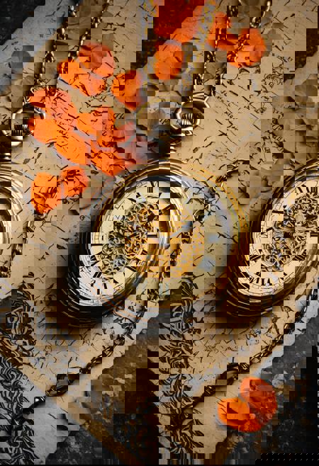  Ink illustration, graphic novel style, a golden pocket watch with intricate elven carvings lies cracked on an ancient stone table. Bold, textured lines detail the worn surface, while vibrant gold and fiery orange hues illuminate the watch, contrasting with deep black shadows. Around it, scattered petals and mystical symbols etched into the stone add layers of intrigue. The atmosphere is intense, mystical, and alive with magical energy.