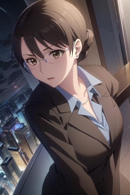 akikikuchihara, <lora:aki kikuchihara s1-lora-nochekaiser:1>,
aki kikuchihara, brown hair, (brown eyes:1.5), glasses, mature female,
BREAK jewelry, earrings, necklace, formal, suit, lipstick, office lady,
BREAK outdoor, city, night, sky, buildings, moon, clouds,
BREAK looking at viewer, (cowboy shot:1.5),
BREAK <lyco:GoodHands-beta2:1>, (masterpiece:1.2), best quality, high resolution, unity 8k wallpaper, (illustration:0.8), (beautiful detailed eyes:1.6), extremely detailed face, perfect lighting, extremely detailed CG, (perfect hands, perfect anatomy),