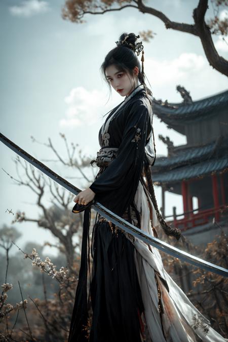 xuer Ancient Chinese sword, 1girl, weapon, solo, sword, long hair, black hair, tree, cloud, realistic, sky, cloudy sky, bare tree, outdoors, chinese clothes, holding, holding weapon, jewelry, hair ornament, standing, dress, holding sword
<lora:~Q?-N-VRQV2 xuer Ancient Chinese sword:0.8>