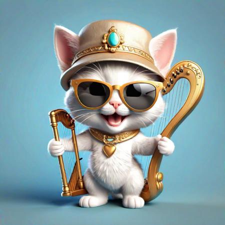 A cute and lovely kitten with luxurious sunglasses and a hat all over its body, an excited and happy expression, and a microphone on one side. Playing the harp with both hands, 2d cute, happy, fantastic, dreamy, illustration, 3d three-dimensional, centralized, professional, smooth, modern, great. It has graphics, line art, and a white background.