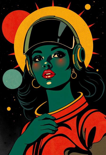 art-deco black spacewoman , vibrant color palette,  bold graphics