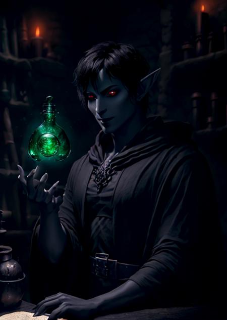 (1 male, dark elf), short black hair, emerald eyes, dressed in a scholar's robe, in a magical workshop, experimenting with alchemical ingredients, realistic, fantasy setting, high resolution, detailed, color <lora:DarkElf_V3:1>