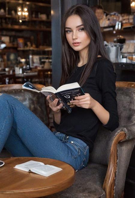 1 girl, 20 yo, very beautiful, russian model, skinny,  soft lips, (light eyebrow:1.4),shiny blue eyes, black long hair, small breasts,  floating hair,  (nose blush), reading a book, sit on the classic chair, in a coffee shop,  ((black shirt and blue jeans))  best quality, expressive eyes, perfect face,