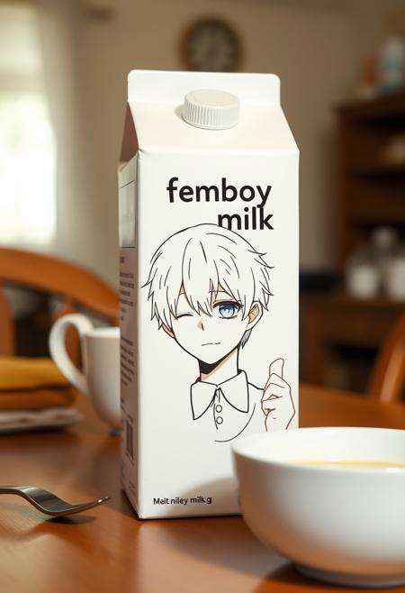 a milk box on a breakfast table. The milk is titled "femboy milk" with a anime girly guy character blinking his eye