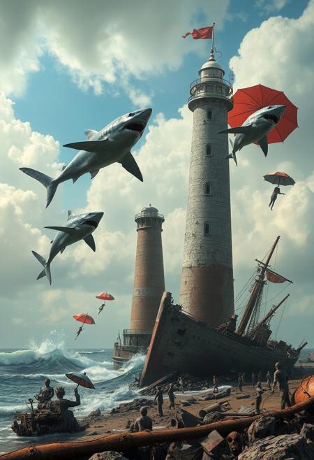 surreal scene, flying sharks, broken lighthouse, warship wreck, humanoid sculpture, umbrellas, distorted reality, (dreamlike:1.3), detailed sky, ocean waves, rusted metal, decayed environment, dramatic lighting, high resolution, photorealism, artistic composition, (eerie atmosphere:1.2), intricate details, (blurry:-1.1), (ugly:-1.3), (cartoonish:-1.1), (low quality:-1.1), (lowres:-1.1), (bad anatomy:-1.1), (poorly rendered:-1.1), (overexposed:-1.1), (flat colors:-1.1), (noisy:-1.1), (disjointed elements:-1.1), (bad composition:-1.3), (unbalanced:-1.1)