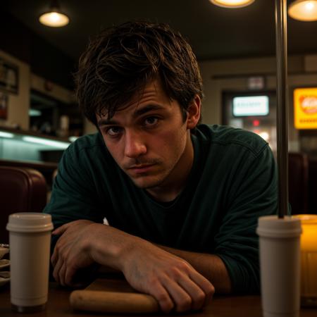 Gritty Portrait Photo of a weary,rugged individual sitting in a sparse,nondescript diner,his eyes betraying a sense of resigned acceptance,illuminated by the stark,fluorescent light overhead,from a close-up perspective,showcasing the film's exploration of fate,inevitability,and the changing nature of the world  ,<lora:more_details:0.7>,<lora:picxer_real:0.7>,male,teen,