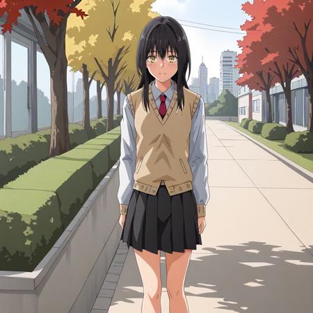 MiaSato,1girl,black hair,long hair,yellow eyes, collared_shirt,long_sleeves,sweater_vest,red tie, pleated_skirt,black skirt, black socks, sweater jacket,gray jacket,white shirt, brown skirt, t -shirt,short_sleeves, brown skirt, blue track jacket, blue pants, school_uniform,blazer,necktie, pleated_skirt,black skirt,