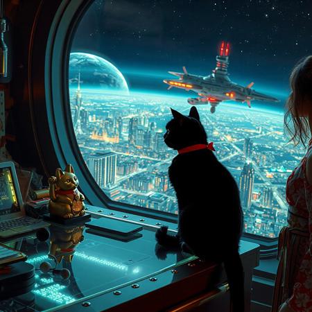 A sleek black cat with red collar sits on a cluttered metal riveted desk with transparent top and micro-LED lighted computer components visible inside, On the desk is a gold and lacquer maneki neko statue and, the Black Cat is looking out of a seamless and futuristic floor to ceiling window with a view from low orbit, the planet is covered with the lights of enormous buildings and cities that maintain realistic scale, (((a beautiful woman, 24 years old, is standing next to the desk the cat is sitting on and looking longingly out the window, the woman is dressed in casual, but beautifully designed thin summer sexy yukata. An enormous deco starship with futuristic lighting and an enormous space station are visible in the background among the stars, The woman's hair is messy from just waking up and tied up with a ribbon.  Artistic art deco, dynamic perspective, (((overall architectural aesthetic is Art Deco Cyberpunk))).  Epic image that elicits a feeling of wonder and awe, inspired composition of a master image artist using exact proportionality and exquisite use of colors light and shadows,