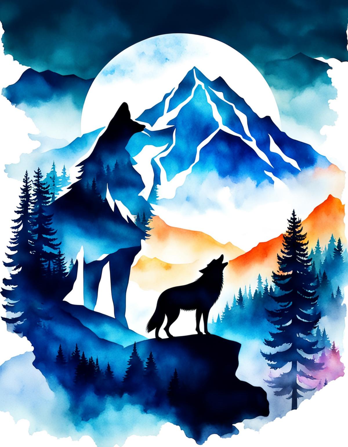 A Wolf and a Moonlit Mountain Scene