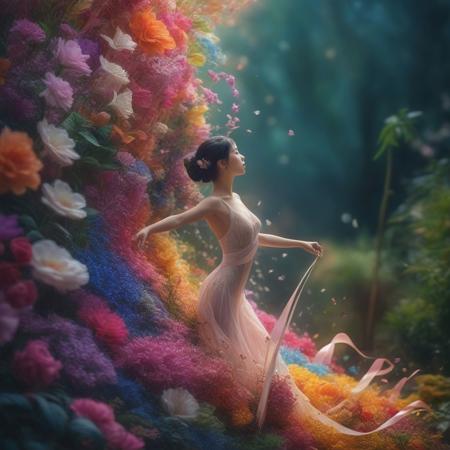 Macro photography featuring a human figure immersed in a serene garden, bursting with colors akin to an enchanted landscape, intricately detailed with a ribbon swirling to the periphery, captured by the skilled lens of Miki Asai in a Razumov style portrait, trending in the artistic community on Artstation, presenting impeccable sharpness on focus, giving life to trivial elements, all masterfully shot in a studio setting, secret g