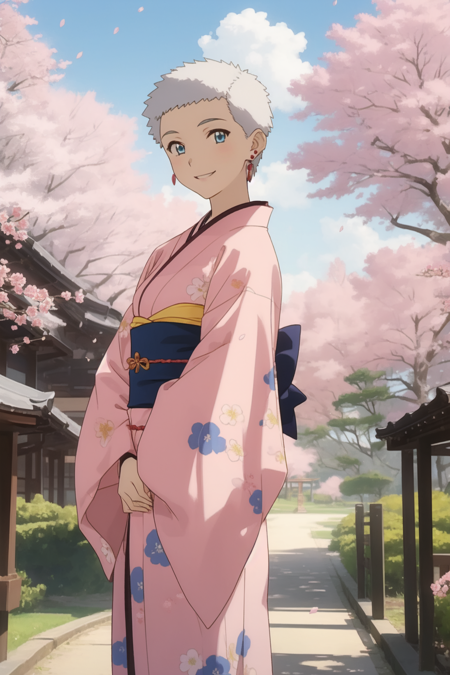 yayoi_schwael, blue eyes, grey hair, very short hair, short bangs, earrings, 1girl, solo, cowboy shot,, pink kimono, kimono with cherry blossom pattern, yellow obi, blue sky, white clouds, Japanese garden, standing, smiling,