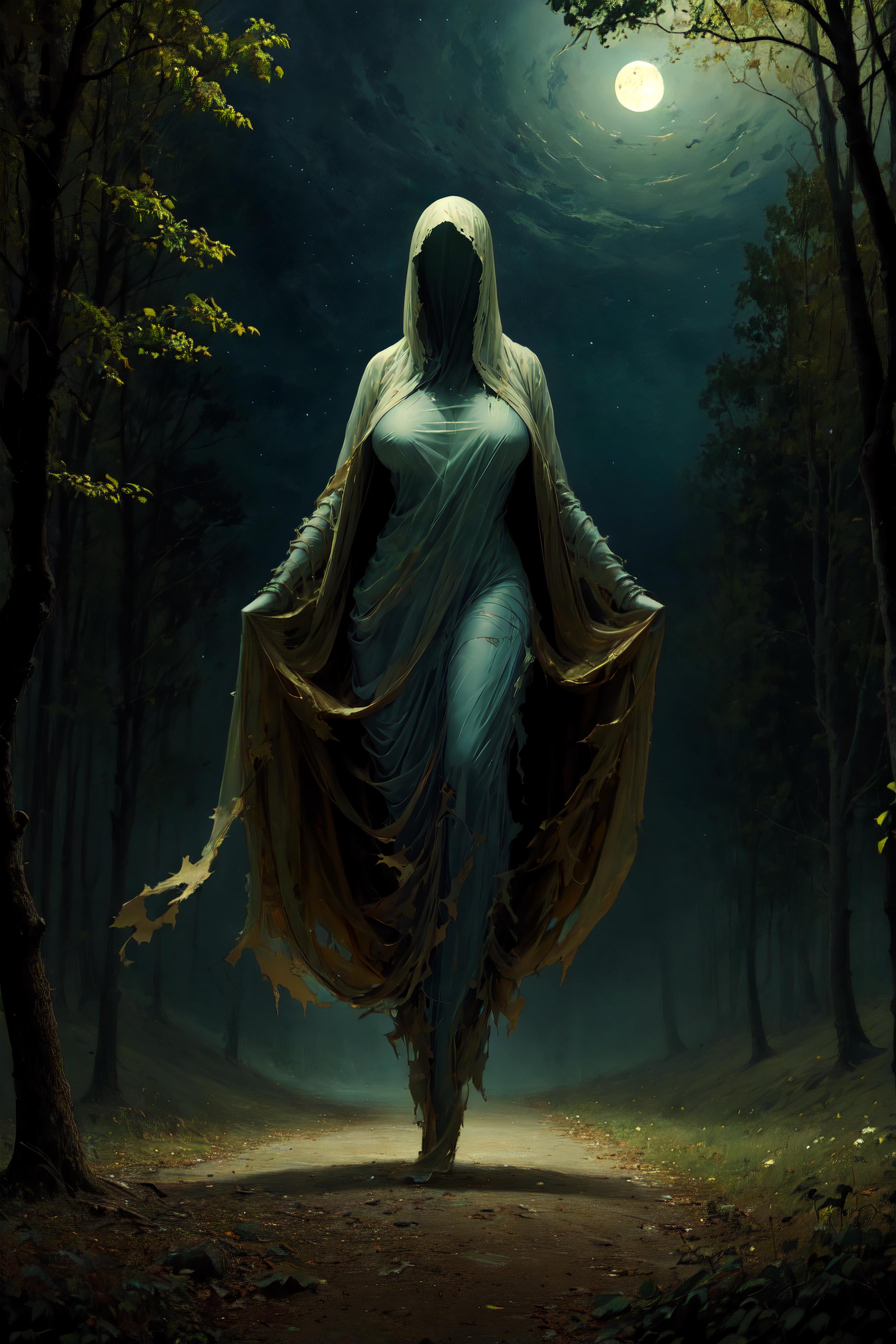White-draped figure with a flowing cape walking in the woods at night.