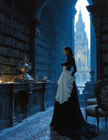 realistic photo, Frank Frazetta, ,perfect lighting,beautiful illustration,ultra-realistic, 

The Royal library in the old dark castle. In front of the bookshelves stands a beautiful curvaceous maid in a tight-fitting maid uniform. Slender legs, high-heeled shoes. Excitement and temptation.,. 
(Depth of field),,, .

  
masterpiece, best quality,  ,  medium-format camera,  high-contrast, dramatic lighting, striking composition, 
The background is minimalist, a gradient of shadowy blue tones, amplifying the ethereal and futuristic ambiance of the scene. The overall composition feels cinematic, blending high fashion with a science fiction aesthetic. . Exquisite cyberpunk. retroFuturism.  
(Depth of field), low saturation,detail. mythp0rt, Stylish, charismatic. CPA

<lora:SDXL\FLUX_CPA\(anime, cyberpunk.safetensors:0.6>, CPA,  
<lora:SDXL\Flux_artisketchyfs-v02.safetensors:0.3>,  
<lora:SDXL\flux_Epic gorgeous Details_v2.safetensors:0.3>, 
<lora:SDXL\FLUX_frazetta_flux_v2-000150.safetensors:0.3>, Frank Frazetta,
