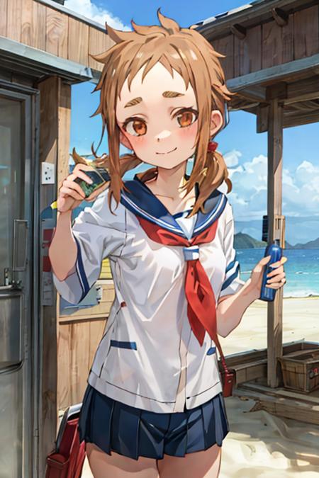 1girl, mina_hibino, forehead, short hair, brown hair, sidelocks, low twintail, brown eyes, (swimsuit:1.2), (beach:1.3), smile, closed mouth <lora:mina_hibino:0.7>  <lora:add_detail:0.5>