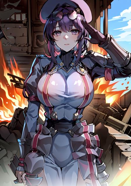 (masterpiece), best quality, 1 girl,solo, looking at viewer, ruins,  large breasts, upper body, beret:0.8 ,explosion, gallia_uniform, salute, <lora:gallia_uniform_80:0.9>,  <lora:kafka-v1.6-lora-anylora-128dim-block:0.45>, kafka, purple hair, (sunglasses:1.3),