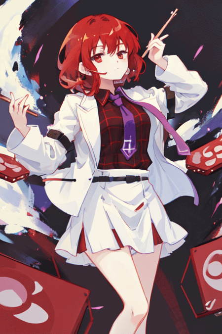 1girl, black skirt, closed mouth, drumsticks, holding, holding drumsticks, jacket, long sleeves, looking at viewer, necktie, plaid, plaid shirt, purple necktie, red eyes, red hair, shirt, short hair, simple background, skirt, solo, white background, white jacket,  <lora:backeally:0.65>,  <lora:raiko-v1:0.85> BREAK (holding, holding drumsticks, drumsticks:1.4), ((wdgoodprompt)), highres, (((masterpiece, anime, exceptional))), (solo)