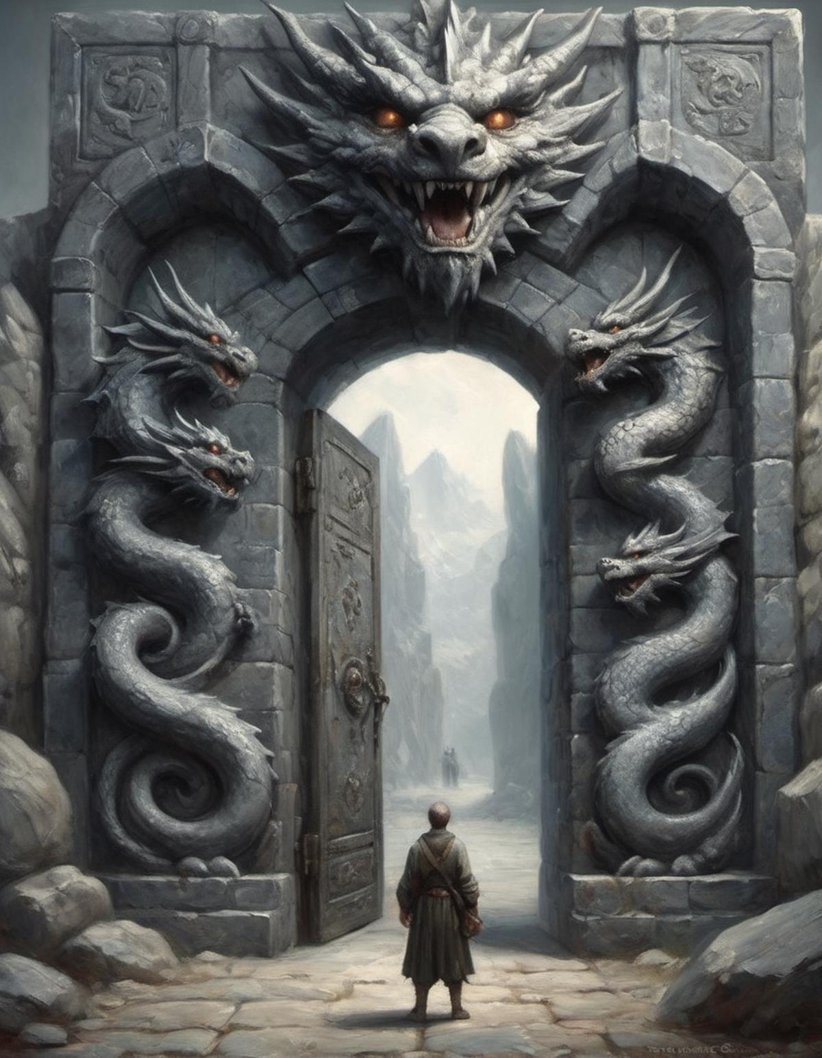 A man walking through a stone doorway with two dragon statues on either side of the entrance.