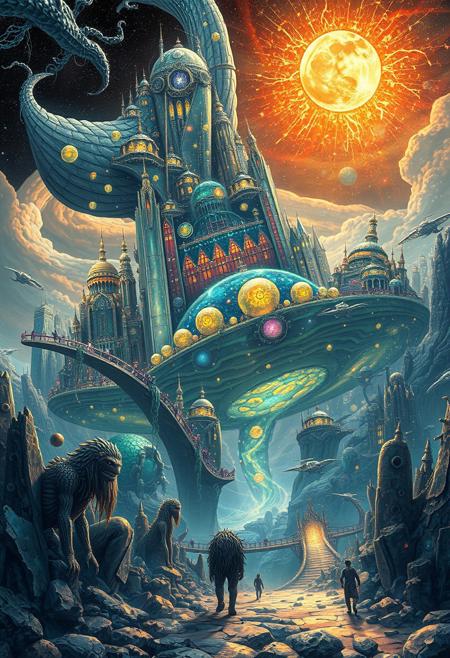 a sprawling city built on the back of a massive, translucent whale, its body filled with glowing galaxies, buildings defying gravity, twisting upward in impossible angles, streets of flowing liquid light, skies cracked open with threads of molten silver, floating bridges connecting nothingness, glowing vines wrapping around structures, a sun split into shards that orbit chaotically, creatures with shifting forms walking among shimmering shadows.