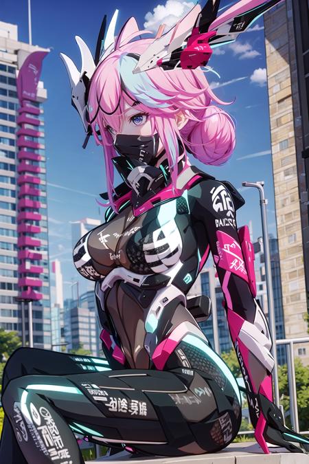 sakura neon, 1girl, solo,sitting, armor,mask, cityscape,tokyo \(city\), <lora:sakura_neon:1>