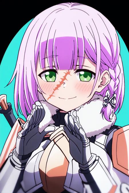 leo, 1girl, purple hair, short hair, green eyes, bangs, armor, smile, braid, weapon, hair ornament, blush, scar, looking at viewer, upper body
high quality, best quality, ultra detailed, masterpiece, big breast, detailed hands, <lora:EMS-52531-EMS:0.700000>