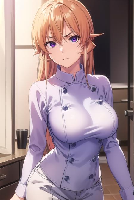 erinanakiri, <lora:erina nakiri s1-lora-nochekaiser:1>,
erina nakiri, long hair, orange hair, (purple eyes:1.1), hair between eyes, frown, angry,
BREAK pants, white pants, chef, long sleeves, sleeves rolled up,
BREAK indoors, kitchen,
BREAK looking at viewer, (cowboy shot:1.5),
BREAK <lyco:GoodHands-beta2:1>, (masterpiece:1.2), best quality, high resolution, unity 8k wallpaper, (illustration:0.8), (beautiful detailed eyes:1.6), extremely detailed face, perfect lighting, extremely detailed CG, (perfect hands, perfect anatomy),